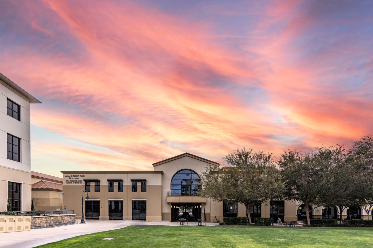 Distant exterior shot of the Dr. Robert K. Jabs School of Business at California Baptist University