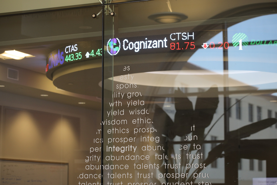 Stock ticker inside the Park business building