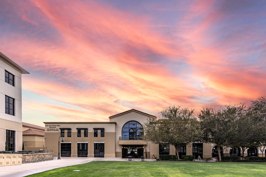 sunset photo of the School of Business building