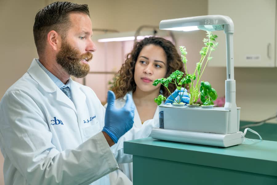 A professor in California Baptist University's College of Arts and Sciences discusses research findings with a student in a lab environment.