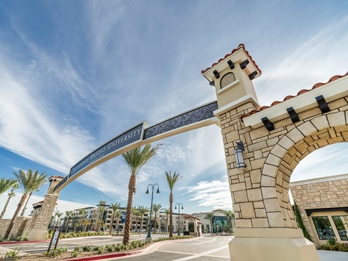 Front of the entrance to CBU with an archway